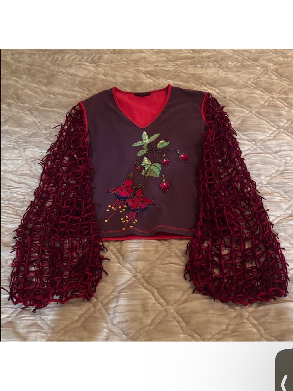Kanika Cruz floral sequin embroidered open-knit crochet fringe sleeves top sz.S